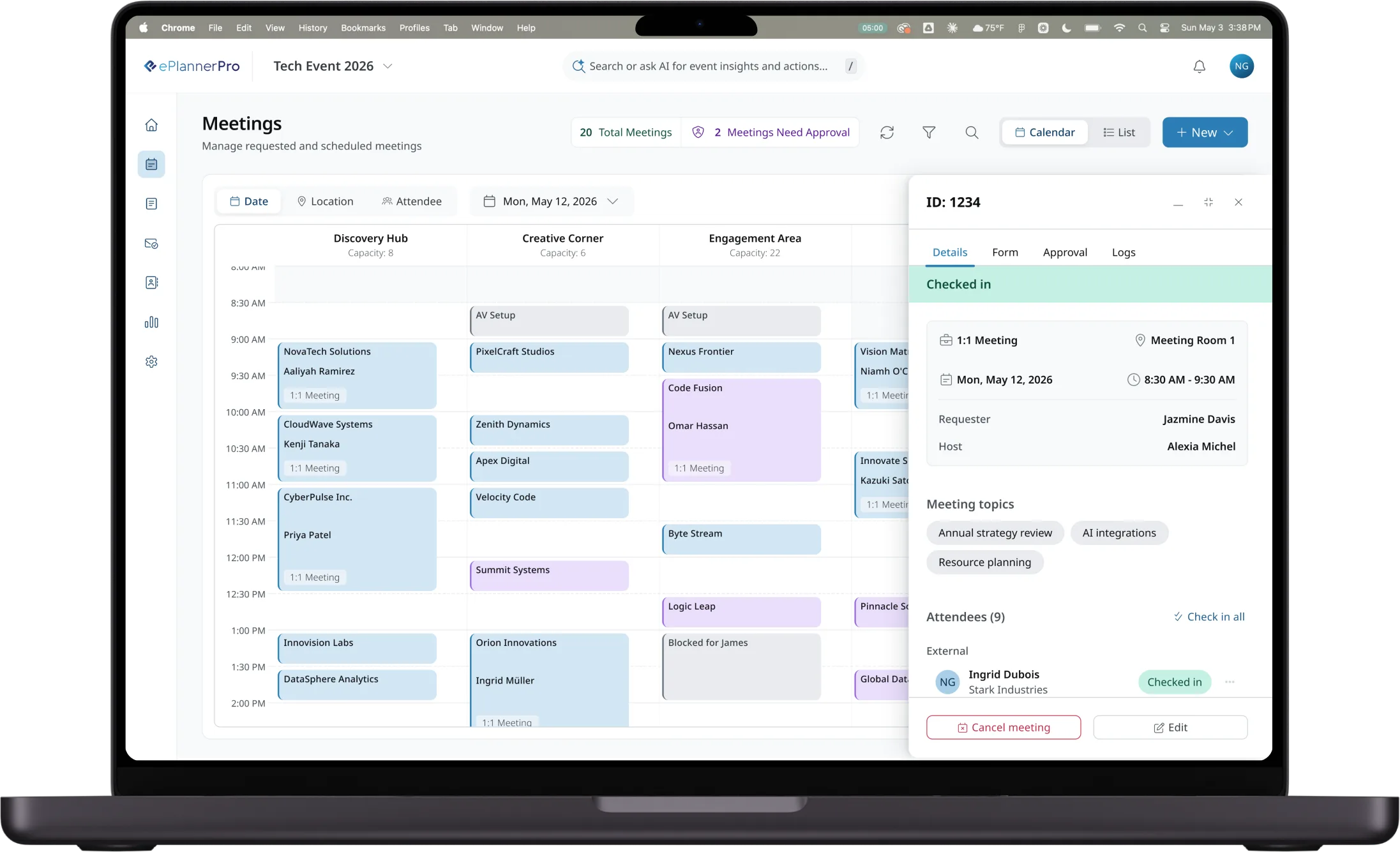 ePlannerPro calendar: unified scheduling view with requests, approvals, and check-in