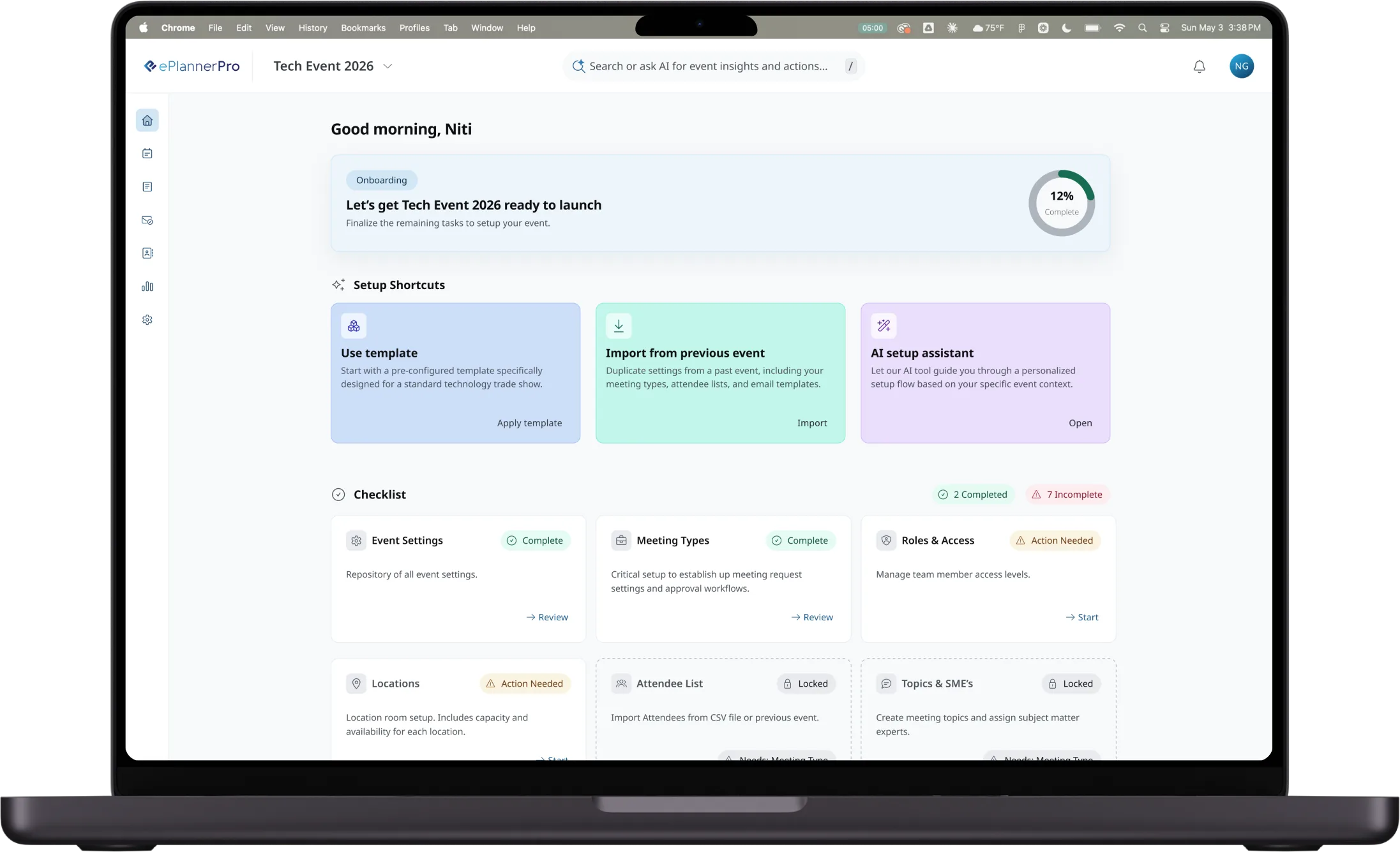 ePlannerPro dashboard: lifecycle-aware event overview with setup tasks and incoming requests
