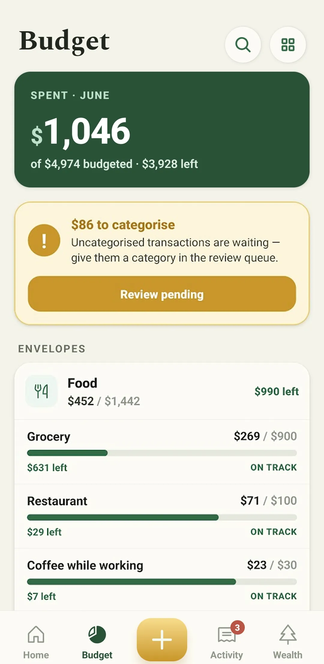 Evercruz Wealth budget screen showing spend so far and the envelope categories