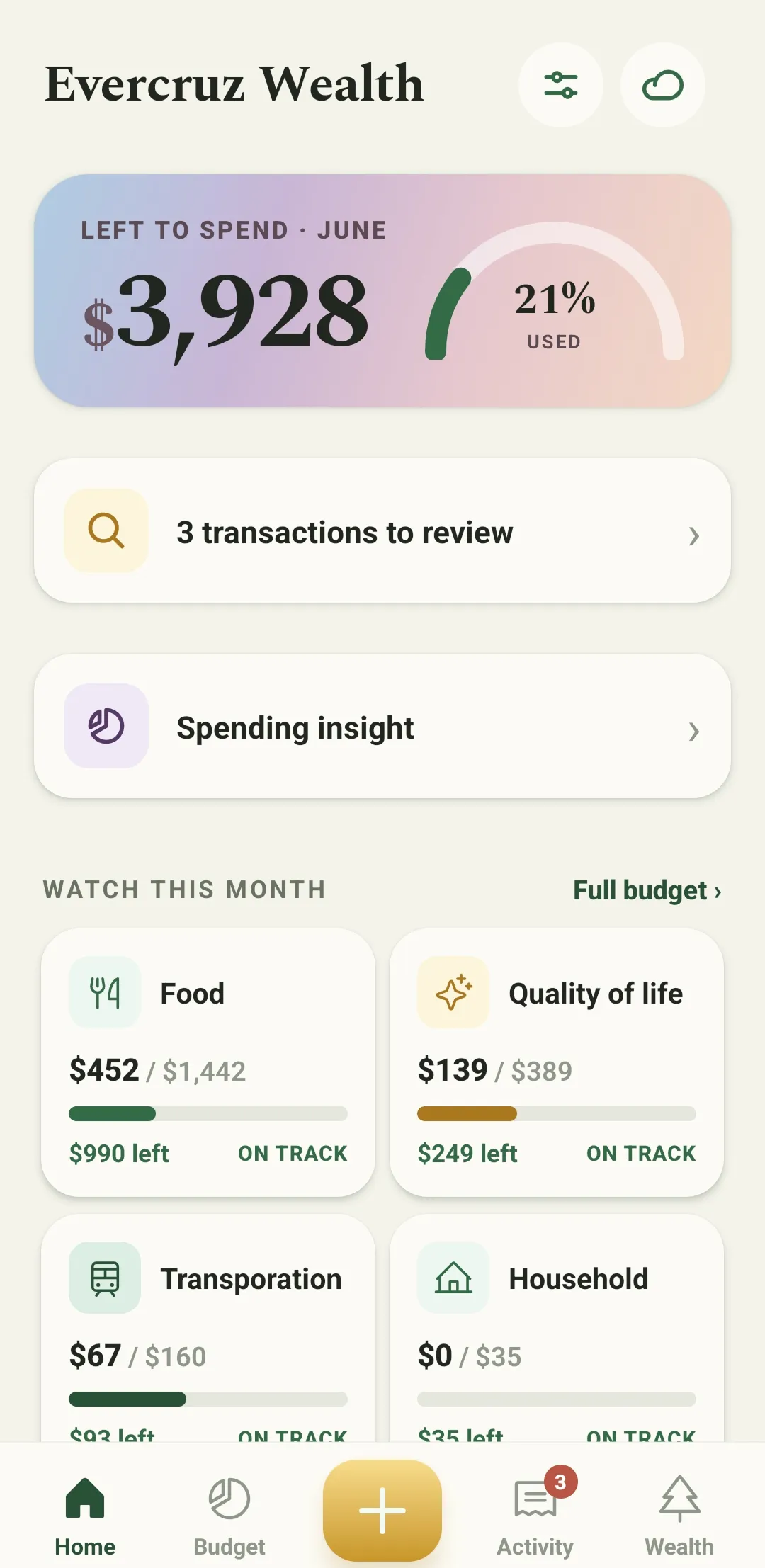 Evercruz Wealth home dashboard with this month's left-to-spend dial and envelope previews
