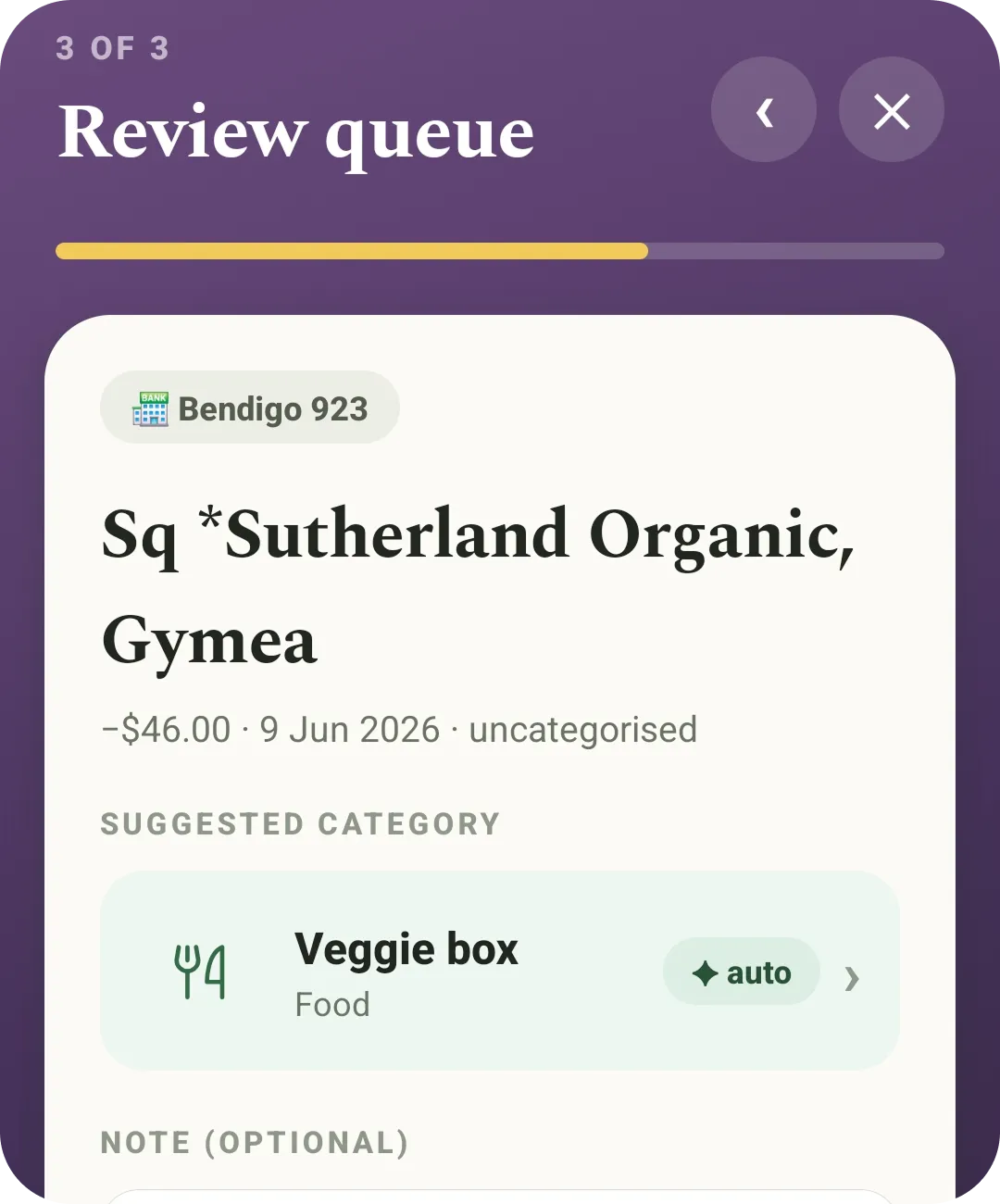Evercruz Wealth review queue showing a transaction with its suggested category