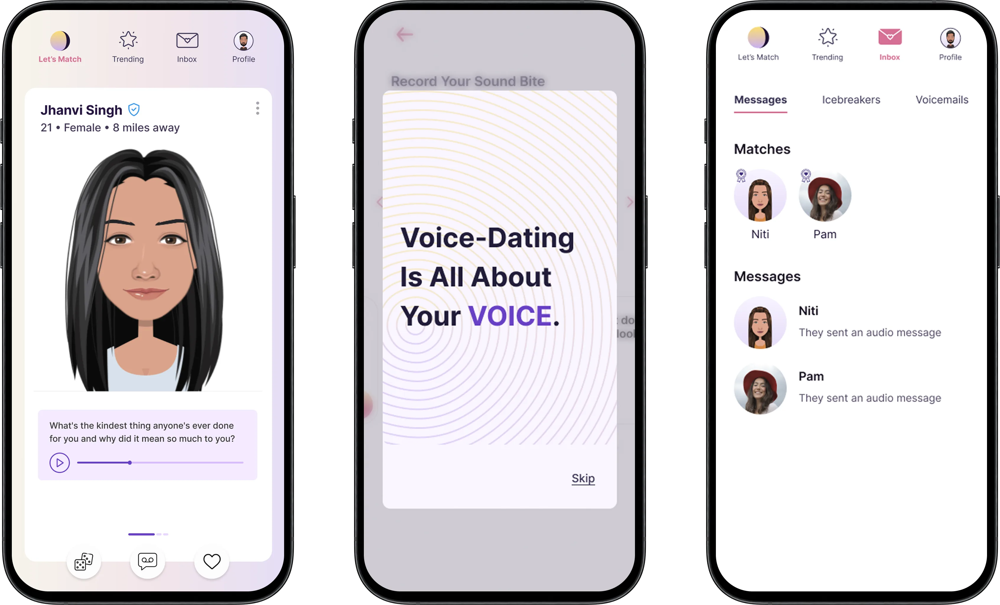SwoonMe app screens showcasing the voice-first dating experience