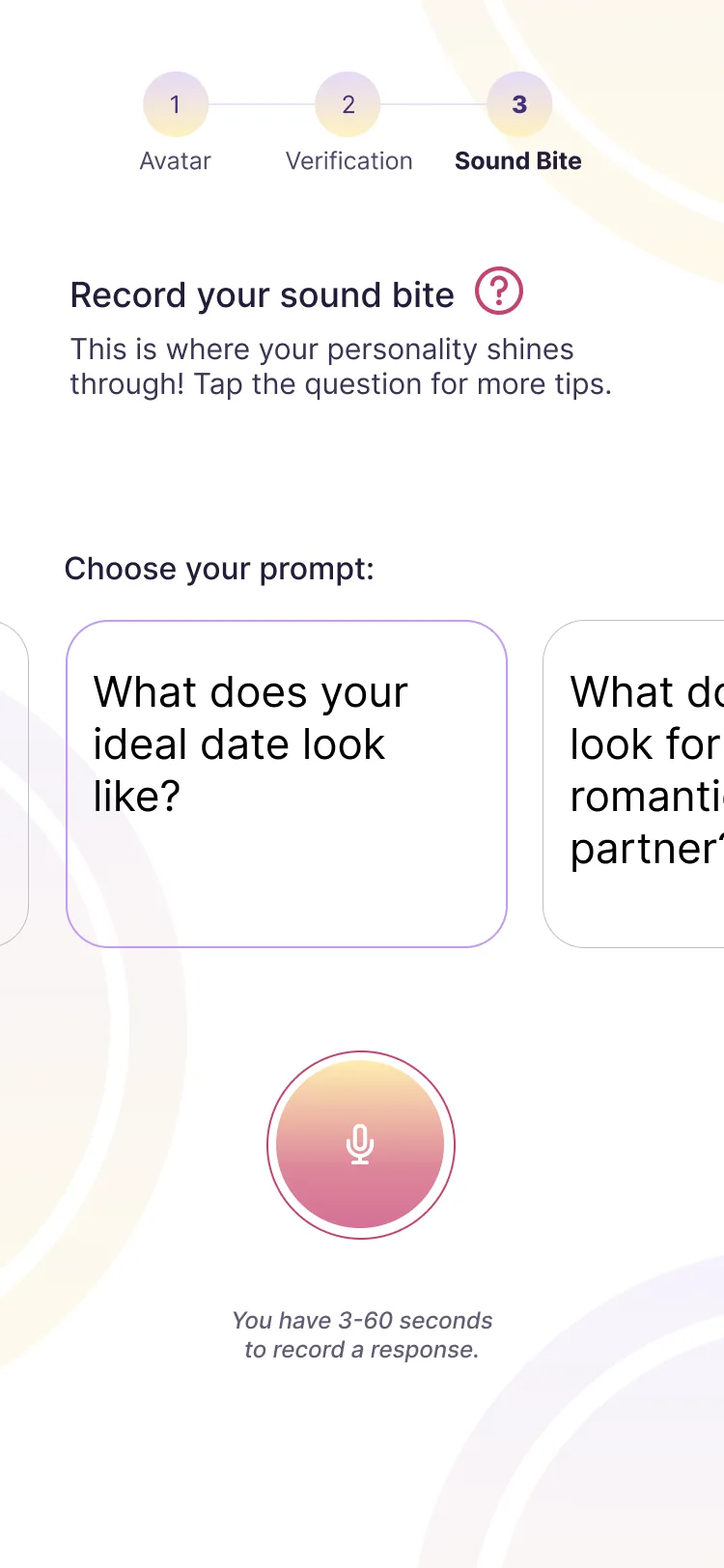 SwoonMe onboarding: sound bite recording